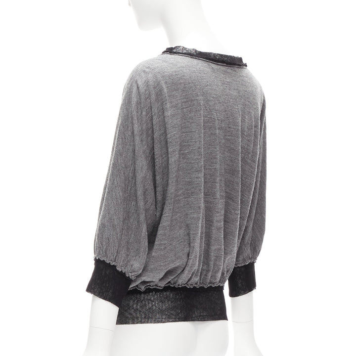 LANVIN 2005 light grey wool cashmere mesh trim batwing sweater FR36 S