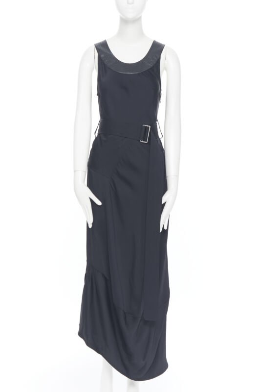 VICTORIA BECKHAM 2018 Runway black satin leather collar belted dress UK12 L