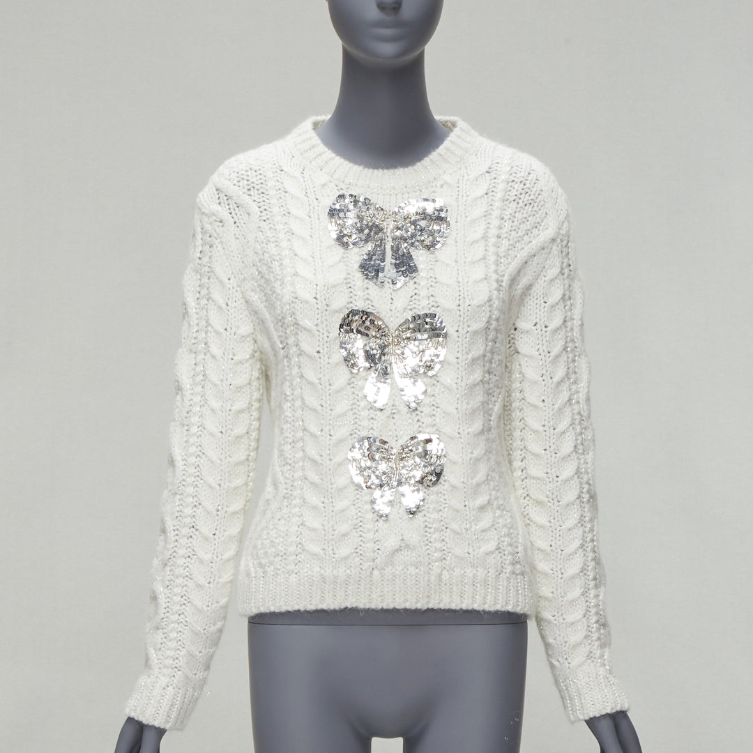VALENTINO 2021 silver beads sequins bow white lurex cable knit sweater XS