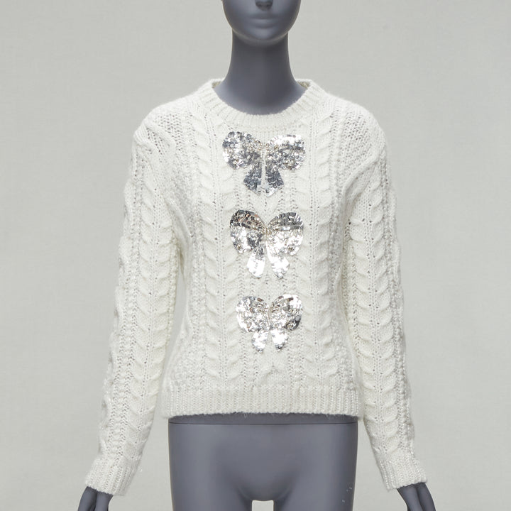 VALENTINO 2021 silver beads sequins bow white lurex cable knit sweater XS