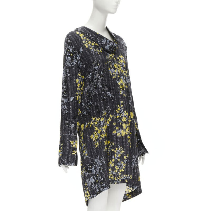 MARNI grey geometric yellow floral print cowl neck 100% silk dress IT38 XS