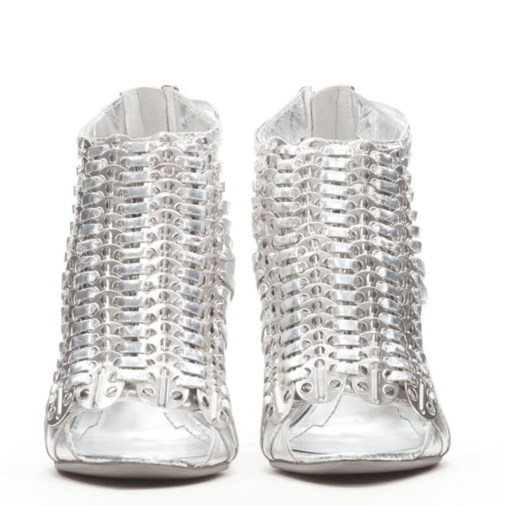GIVENCHY metallic silver metal discs embellished strappy peep toe bootie EU36.5