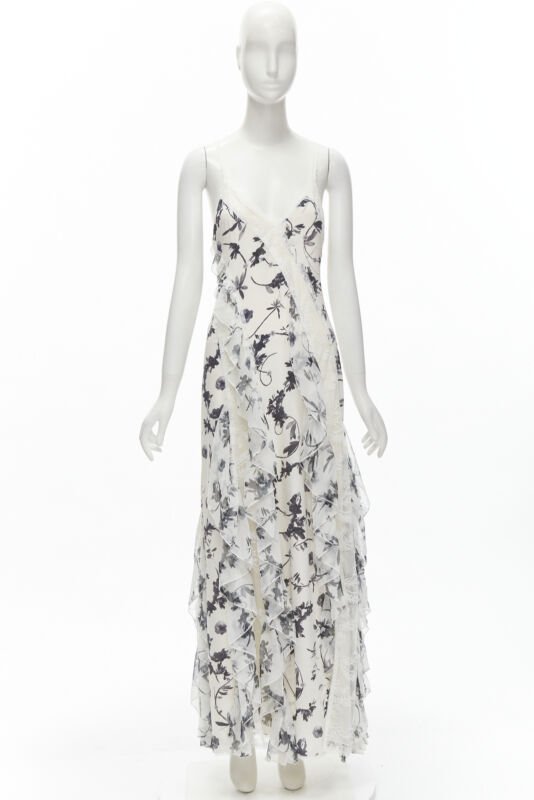 ALICA OLVIA Floral Crown 100% silk printed lace trim ruffle maxi dress US6 M