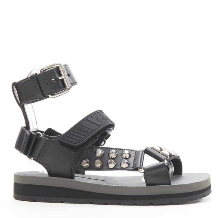 PRADA black silver punk stud embellished sports strap gladiator sandals EU36