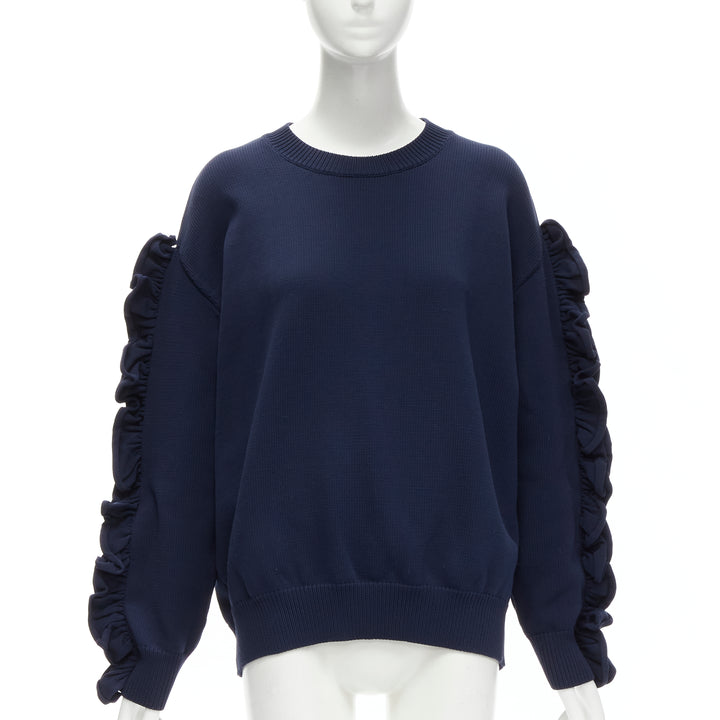 VICTORIA BECKHAM VVB navy blue ruffle sleeve pullover crew sweatshirt UK12 L