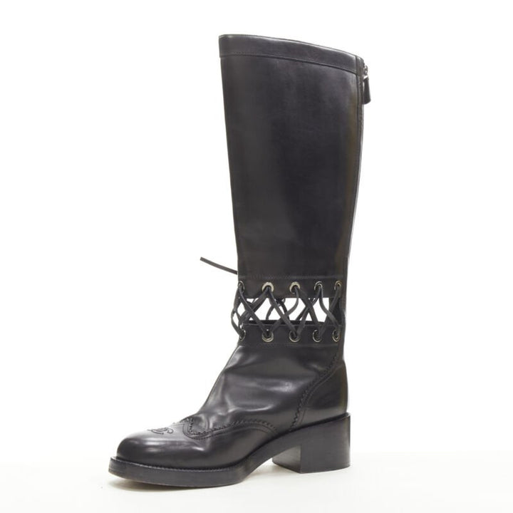 CHANEL black calfskin cross stitch cut out CC toe cap block heel boot EU38.5