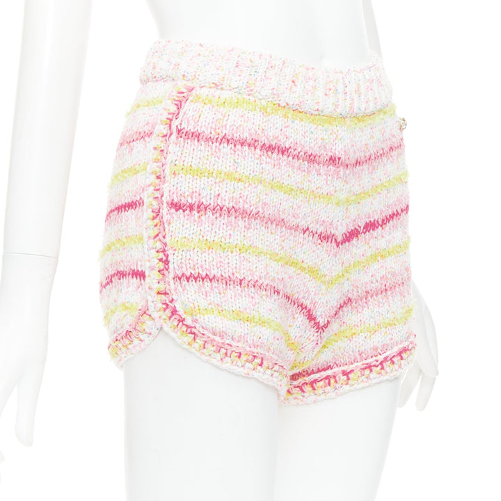 CHANEL 24C pink yellow cotton blend CC logo knit mini shorts FR34 XS