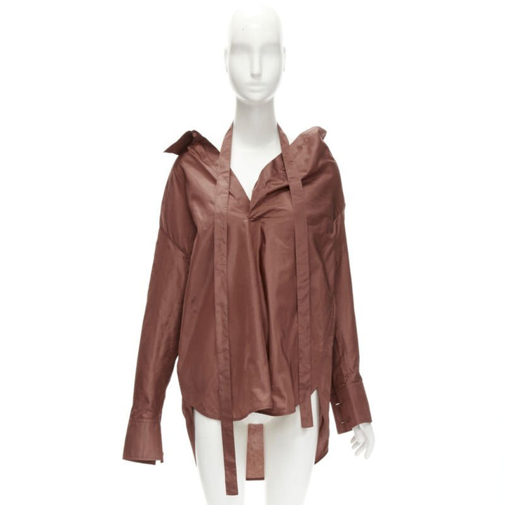 VALENTINO 2022 Runway brown silk taffeta wide collar neck tie shirt IT38 XS