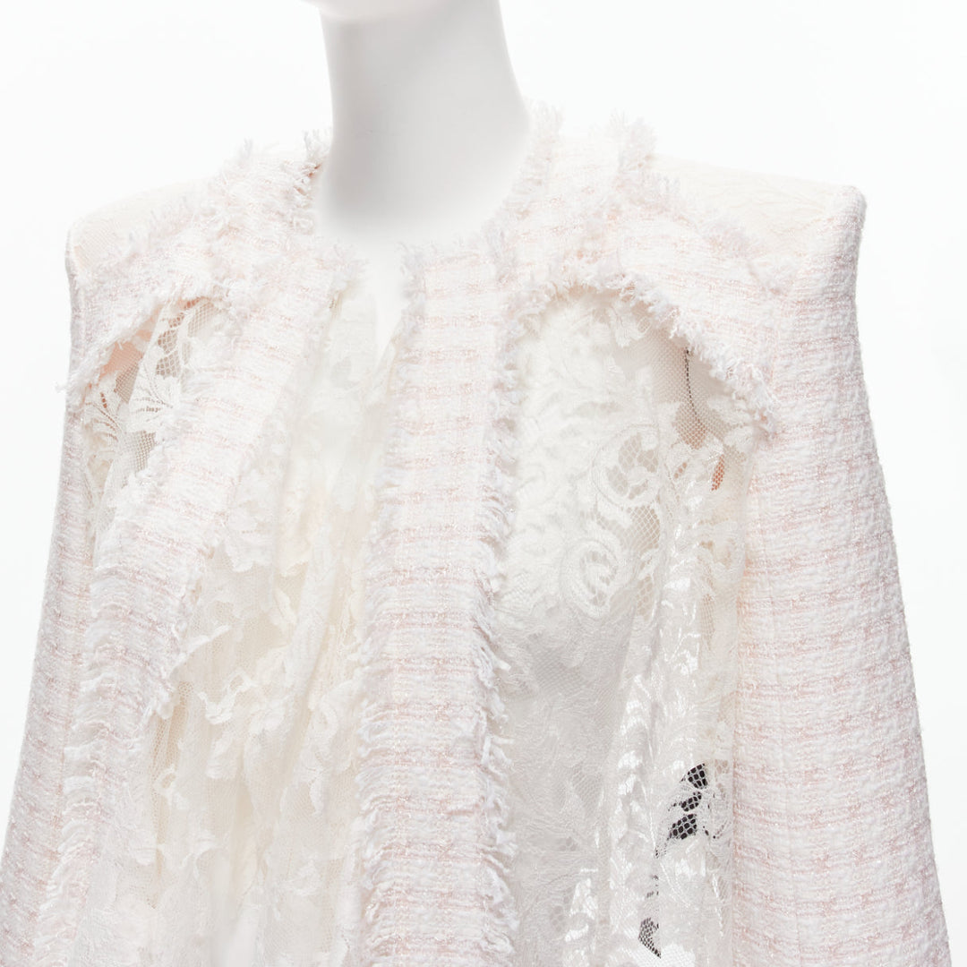 BALMAIN Spencer pink white tweed sheer lace ruffle blazer jacket FR34 XS