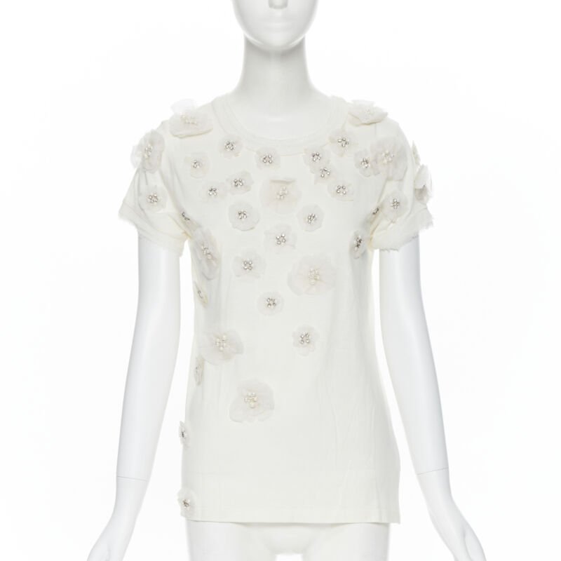 LANVIN ALBER ELBAZ Collection Blanche white silk pearl crystal flower tshirt XS