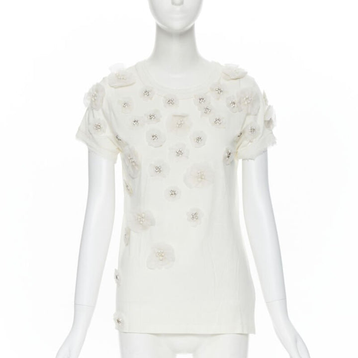 LANVIN ALBER ELBAZ Collection Blanche white silk pearl crystal flower tshirt XS