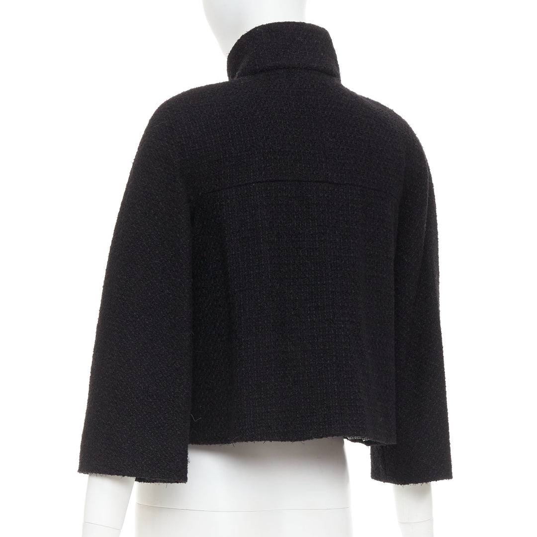 CHANEL 19A black wool tweed CC logo buttons high collar crop jacket FR34 XS