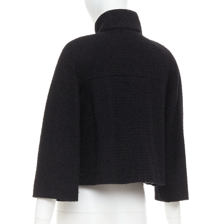 CHANEL 19A black wool tweed CC logo buttons high collar crop jacket FR34 XS