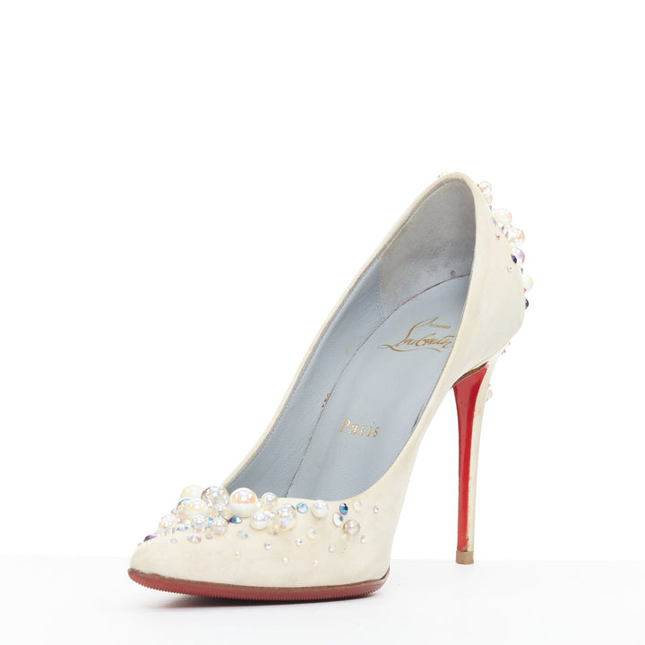 CHRISTIAN LOUBOUTIN off white satin pearl embellished bridal pumps EU35.5