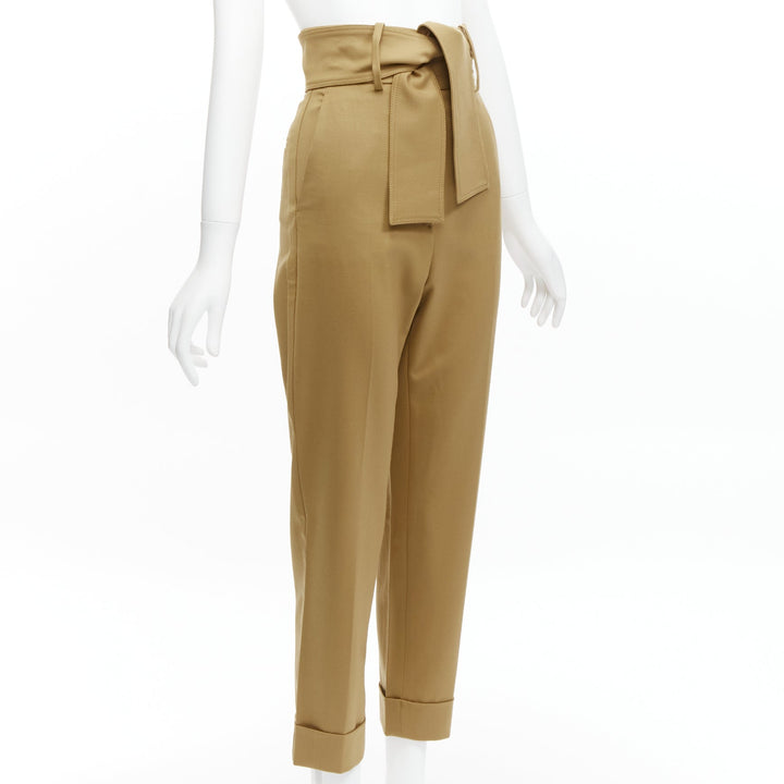 SARA BATTAGLIA khaki wool high waisted tie belt cuffed tapered pants  IT36 XXS