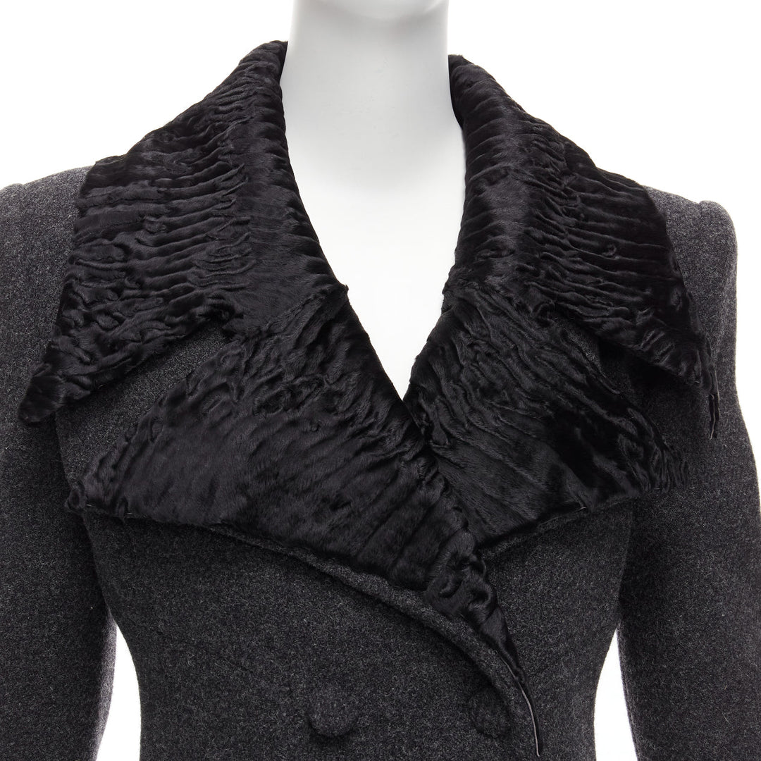 FENDI Vintage Astrakhan fur collar grey virgin wool blend longline coat IT42 M