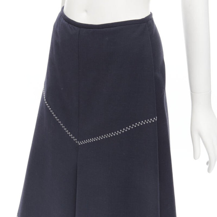 ELLERY navy polyester wool white cross hatch stitching flared skirt US2 XS