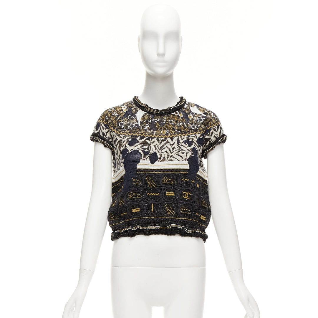 CHANEL 2019 Runway gold Egyptian Hieroglyphics CC cap sleeve sweater FR36 S