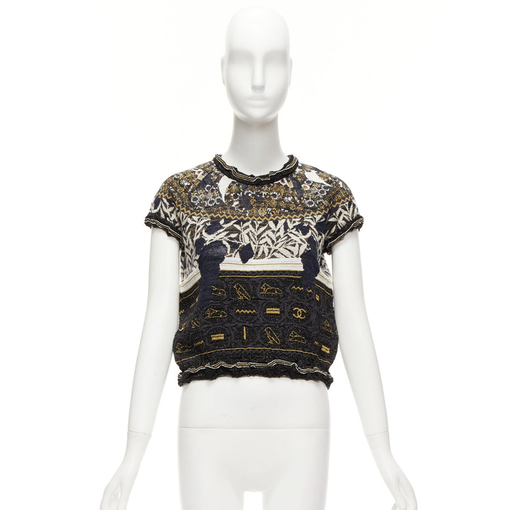 CHANEL 2019 Runway gold Egyptian Hieroglyphics CC cap sleeve sweater FR36 S
