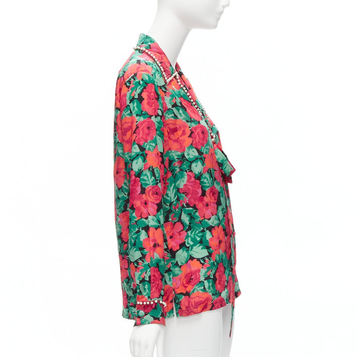 GUCCI ALESSANDRO MICHELE 2016 red green floral GG pearl bow silk shirt IT38 XS