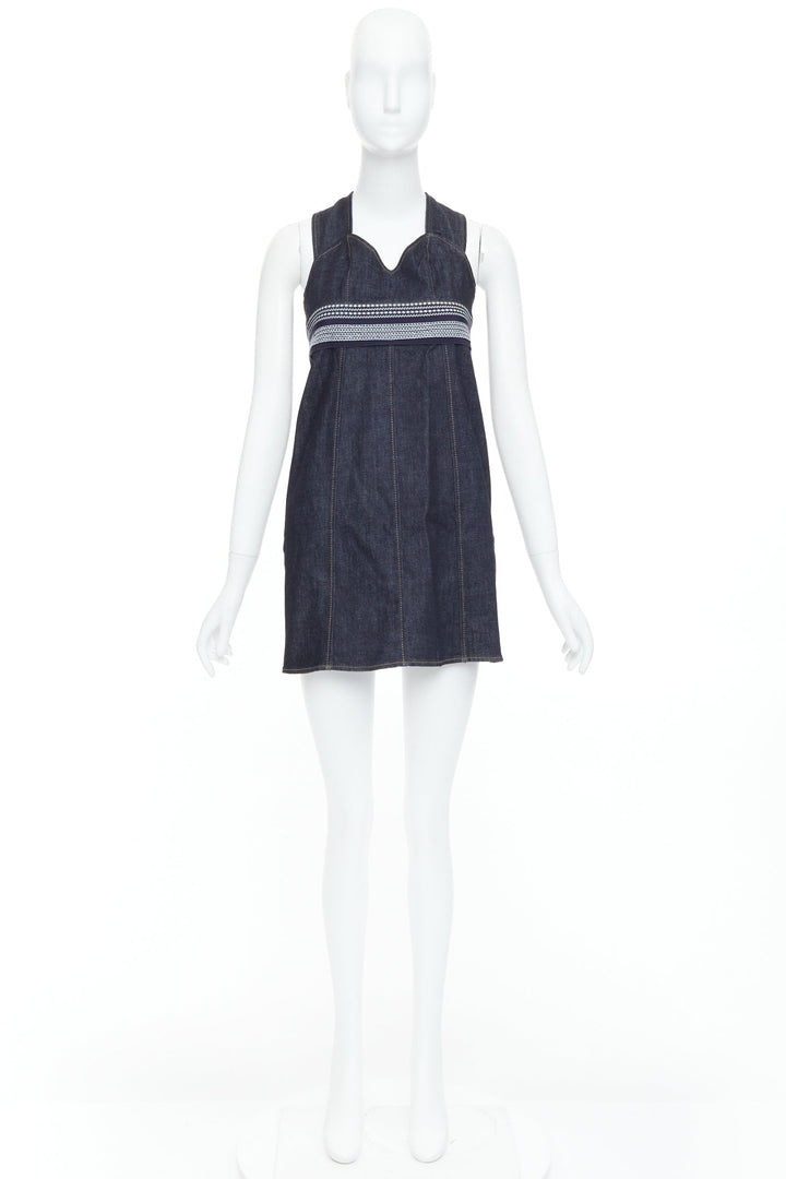 VVB VICTORIA BECKHAM blue denim topstitch cross back dress UK4 XXS