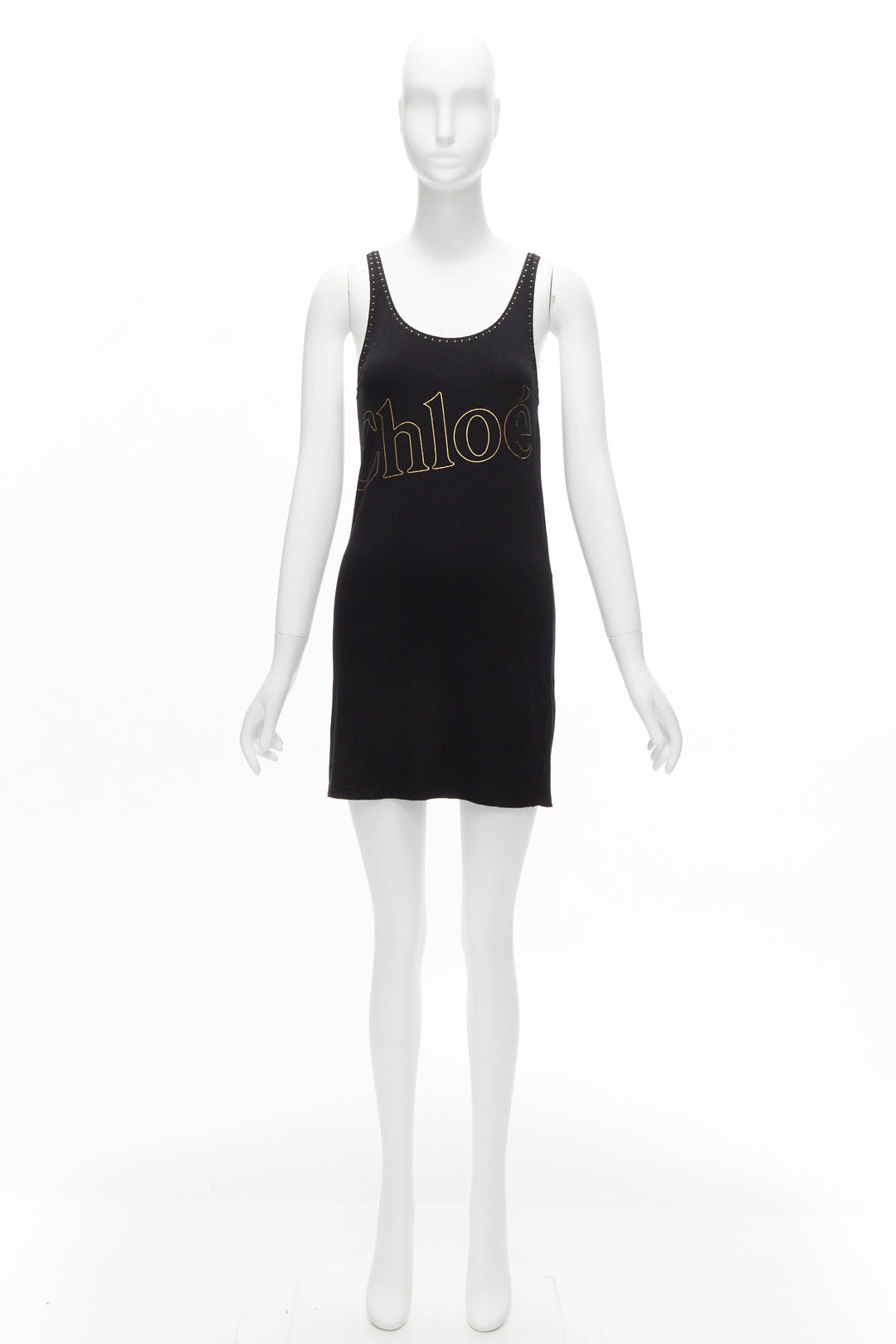 CHLOE gold foil logo black topstitch detail rock chic tank top dress S