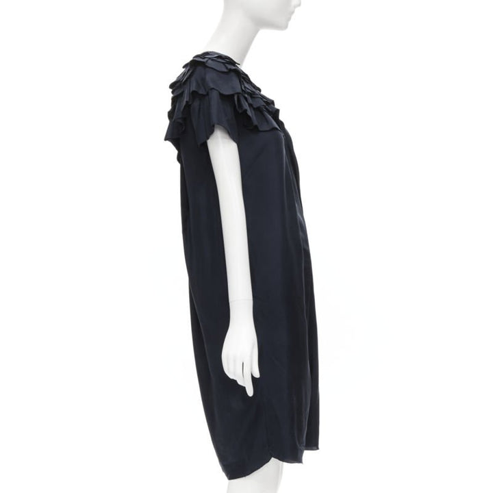 MARNI navy blue 100% silk ruffle neckline short sleeve silk dress IT38 XS