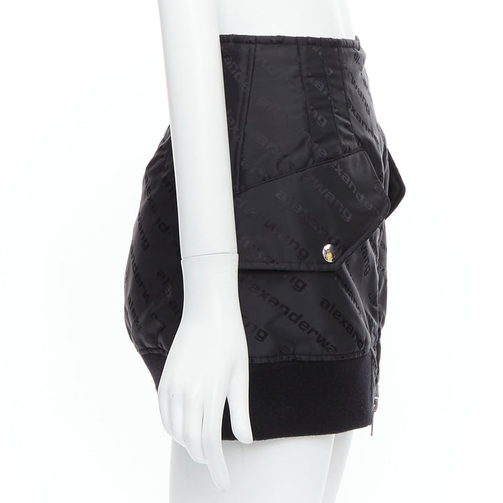 ALEXANDER WANG black logo print deconstructed bomber nylon mini skirt US0 XS