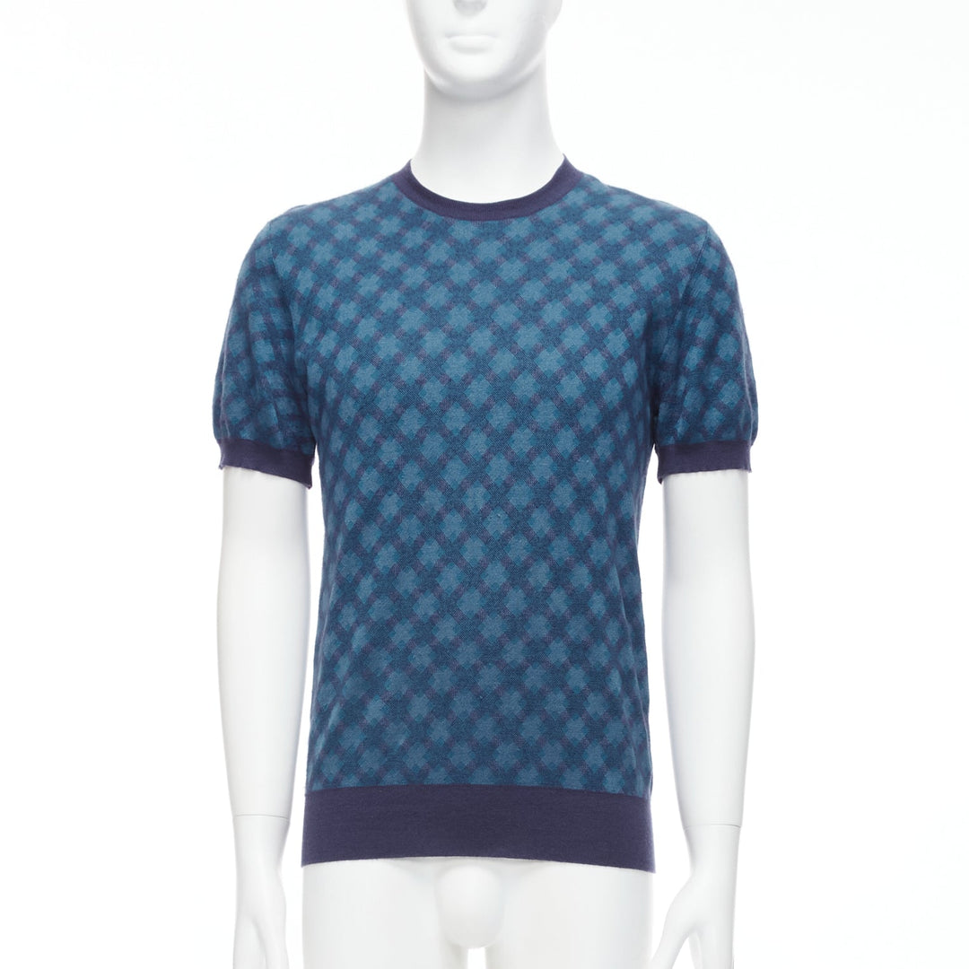 BRIONI silk cashmere blue navy diagonal check short sleeve sweater IT50 L