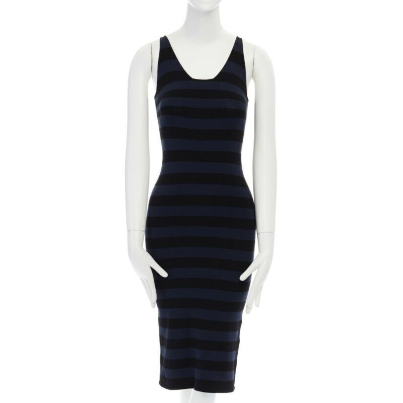 TOMAS MAIER blue black stripe raw cut edge sleeveless stretch casual dress US2 S