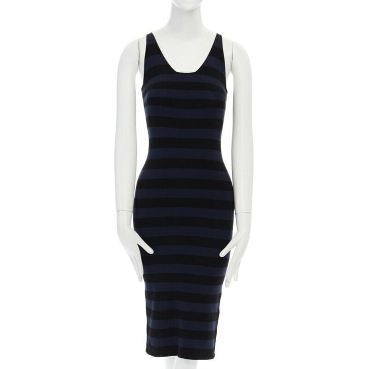 TOMAS MAIER blue black stripe raw cut edge sleeveless stretch casual dress US2 S