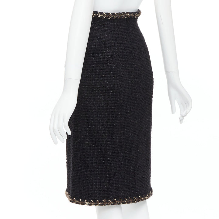 CHANEL 18K black cotton tweed brown gold braided trim tweed skirt FR34 XS