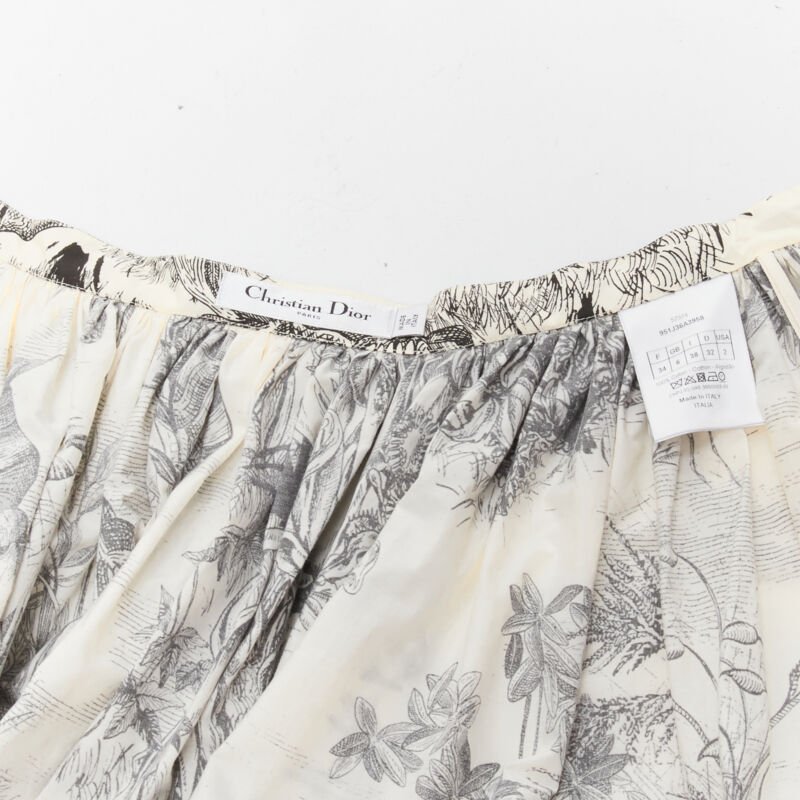 CHRISTIAN DIOR Fantaisie beige illustration print cotton midi skirt FR34 XS