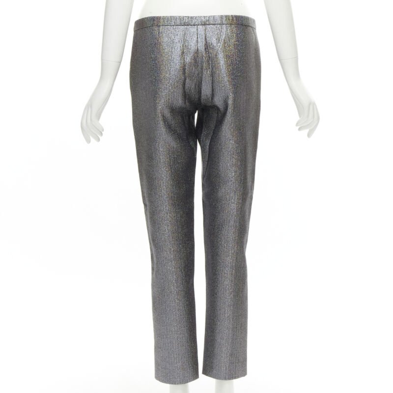 ROSIE ASSOULIN silver iridescent glitter metallic silk tapered cropped pants XS