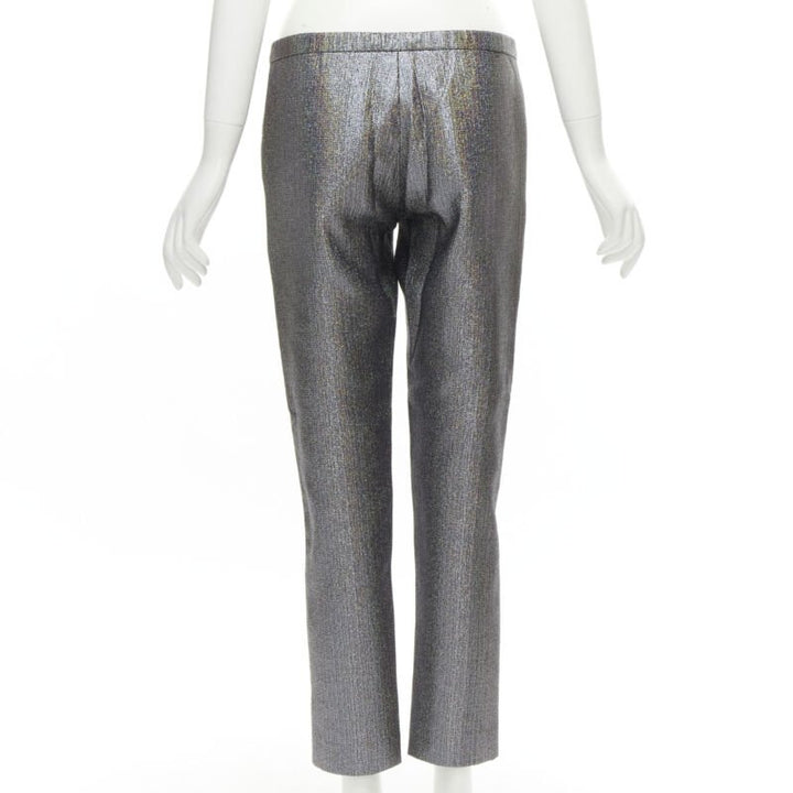 ROSIE ASSOULIN silver iridescent glitter metallic silk tapered cropped pants XS