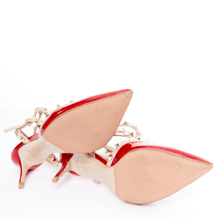 VALENTINO Rockstud red patent caged nude leather strappy heels EU38