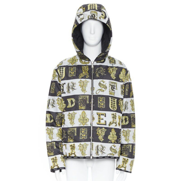 VERSACE Reversible Baroque Alphabet black gold print quilted jacket IT54 2XL