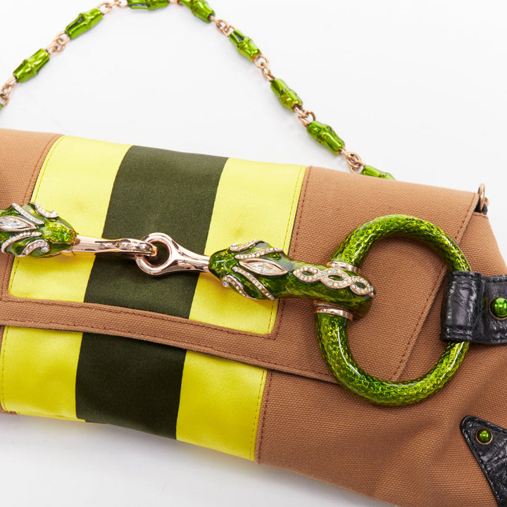rare GUCCI Tom Ford 2004 green Dragon Horsebit crystal tan yellow canvas bag