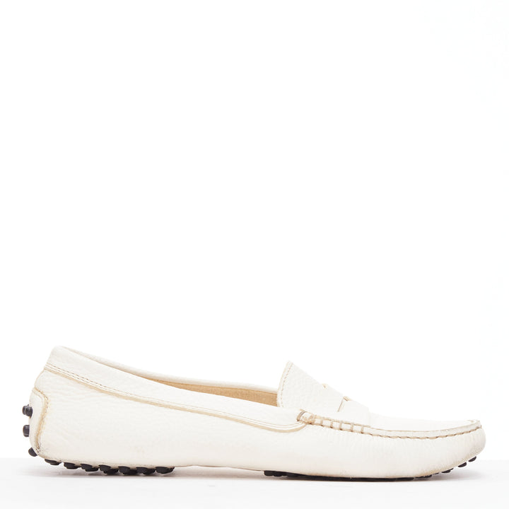 TOD'S Gommino cream textured leather black rubber studs driver shoes EU37