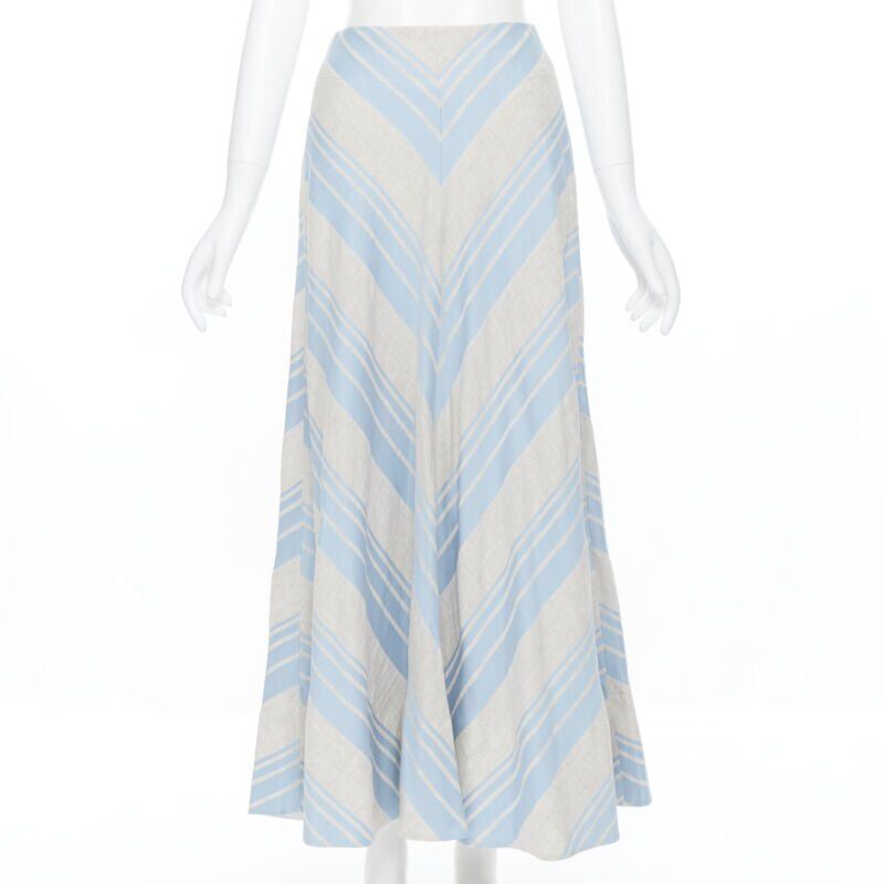 LEE MATTHEWS light grey blue striped linen cotton flared midi casual skirt US0