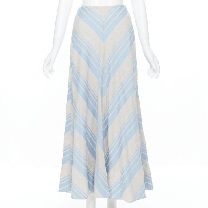 LEE MATTHEWS light grey blue striped linen cotton flared midi casual skirt US0