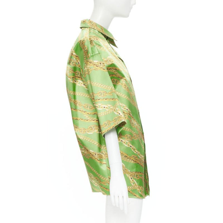 BALENCIAGA 2018 Runway line green gold chain print stiff boxy shirt FR34 XS