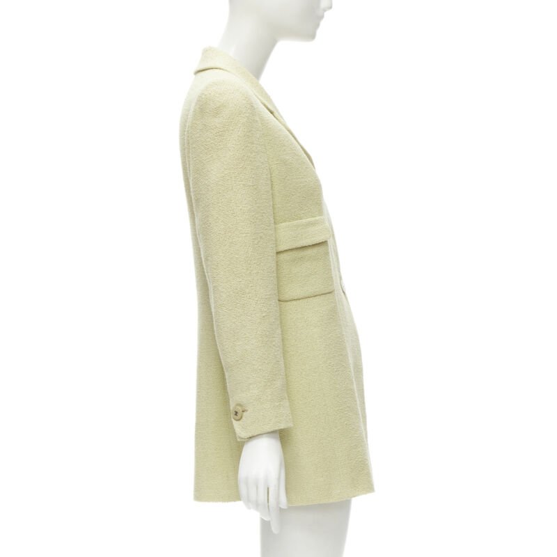 CHANEL 98C Vintage pastel yellow tweed CC button long jacket FR42 L