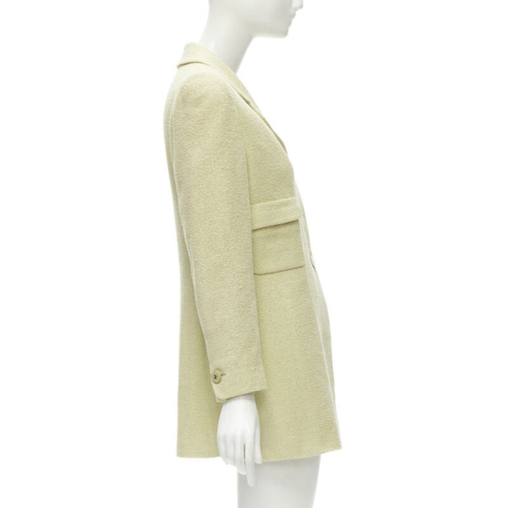 CHANEL 98C Vintage pastel yellow tweed CC button long jacket FR42 L