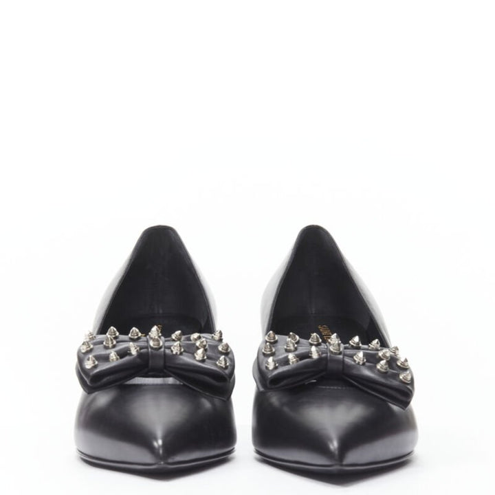 SAINT LAURENT silver spike studded bow point toe pump EU37
