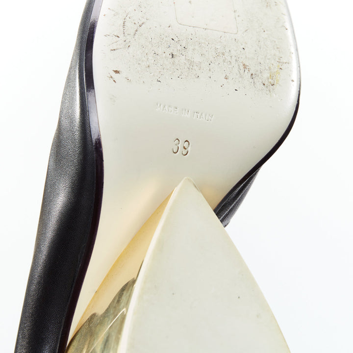 LOEWE gold curved heel black leather slip on heeled shoes EU39
