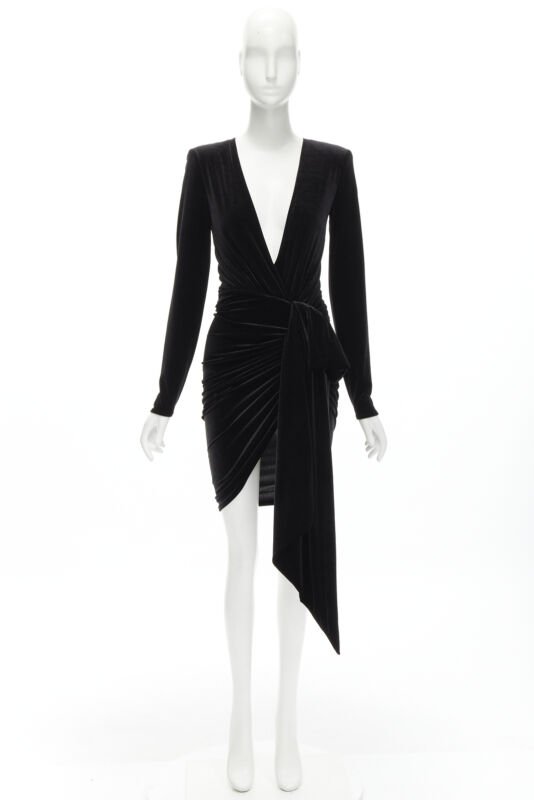 ALEXANDRE VAUTHIER black velvet plunge neck wrap bow draped mini dress FR34 XS
