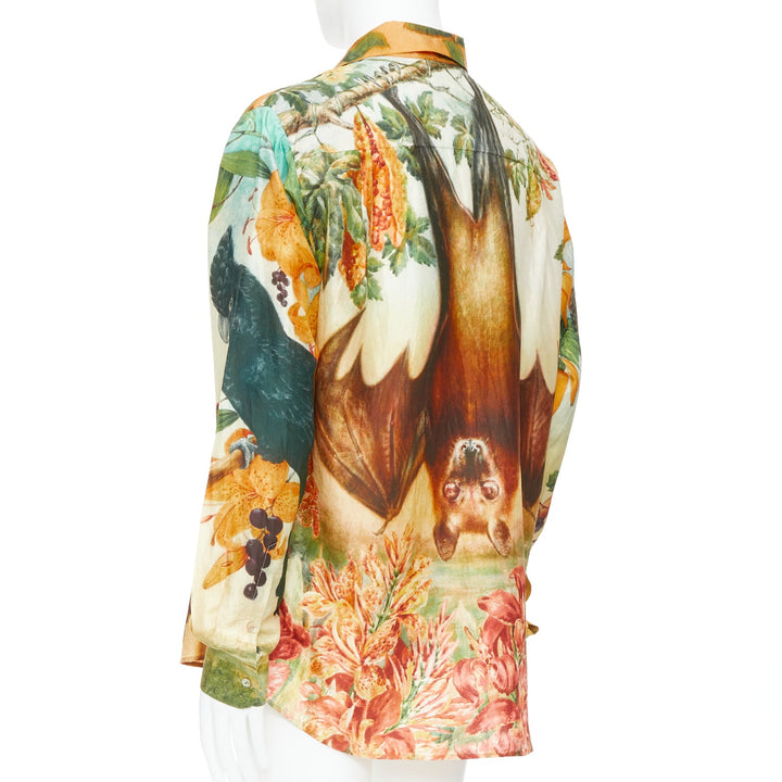 rare SABYASACHI 100% silk parrot bat mixed animal floral print shirt EU42 XL