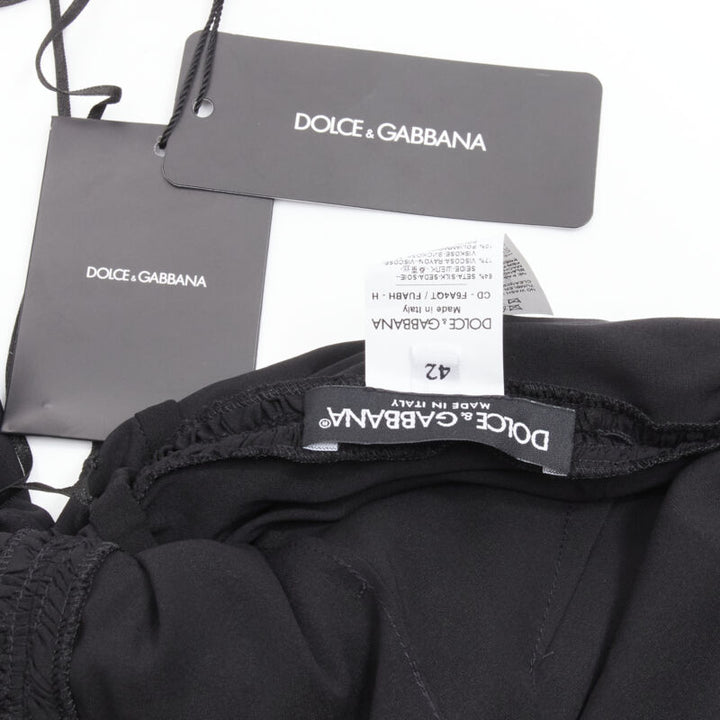 DOLCE GABBANA black silk gathered shirred lace trim cocktail dress IT42 M