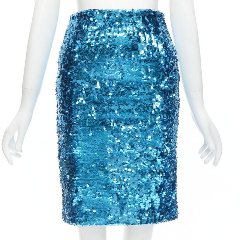 ALICE OLIVIA blue bling sequins side zip disco party pencil skirt US0 XS